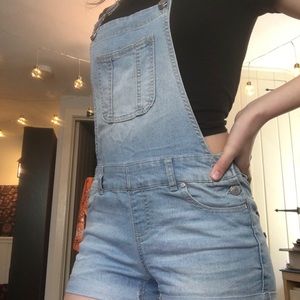 Blue spice light wash denim overall shorts